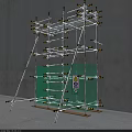 Construction Scaffolding Structure With Metal Support Frames Green Glass Panel And Safety Sign