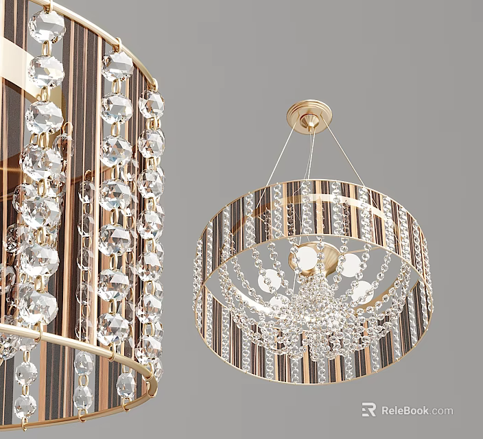 Elegant Crystal Chandelier With Golden Metal Strips And Hanging Crystal Pendants 3d model 