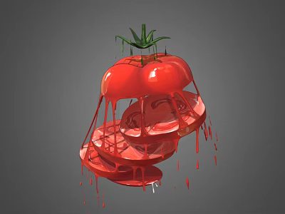Fresh Sliced Red Tomato with Green Leaves and Dripping Juice on Gray Background 3d model