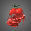Fresh Sliced Red Tomato with Green Leaves and Dripping Juice on Gray Background