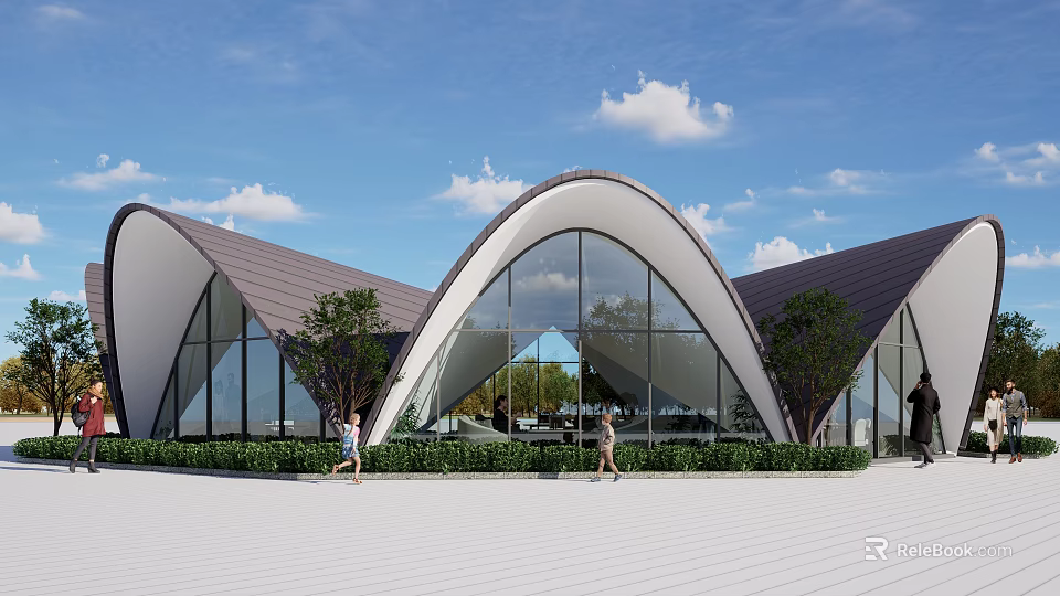 Modern Building Exterior With Curved Roof Glass Facade Greenery And People Walking 3d model 