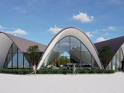 Modern Building Exterior With Curved Roof Glass Facade Greenery And People Walking 3d model
