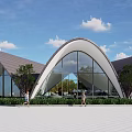Modern Building Exterior With Curved Roof Glass Facade Greenery And People Walking