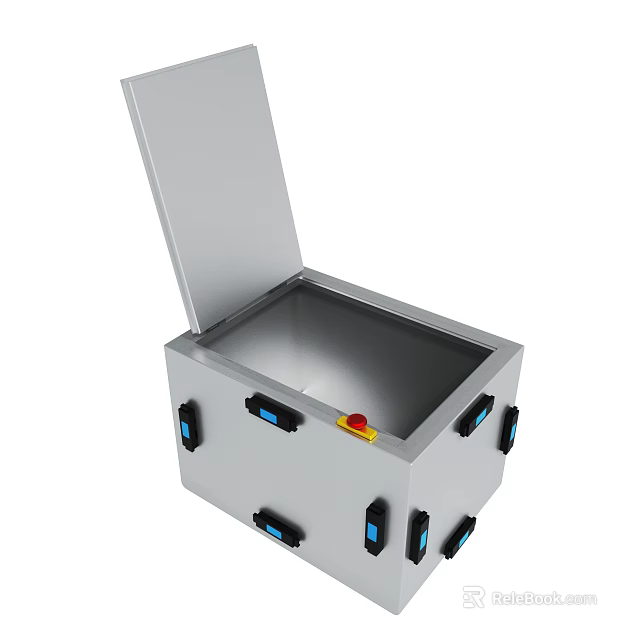 Stainless Steel Container With Open Lid Blue Ports And Red Button 3d model 