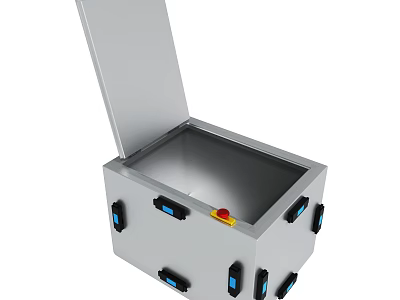 Stainless Steel Container With Open Lid Blue Ports And Red Button 3d model