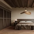 Modern Bedroom Interior With Wooden Ceiling Beams Pendant Light Bed Wardrobe Rug And Natural Light