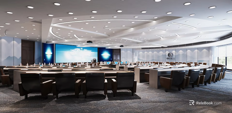 Modern Conference Room Interior Design with Large Screen Comfortable Seats and Ceiling Lighting 3d model 
