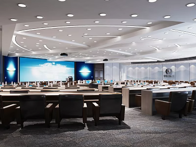 Modern Conference Room Interior Design with Large Screen Comfortable Seats and Ceiling Lighting 3d model