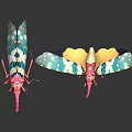 Colorful Insect Models with Green Yellow Patterned Wings Red Bodies Legs on Black Smooth Surface