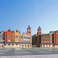 European Style Commercial Street With Colorful Facades Spires And Towered Storefronts