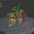Offshore Oil Drilling Platform With Pillars Structure And Small Boat In Ocean Water