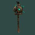 Ornate Mythical Weapon With Wooden Handle Green Decorative Spikes And Metallic Top Structure