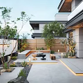 Modern Courtyard Garden Featuring Plants Seating Fire Pit Lighting Wooden Screen And Concrete Paving