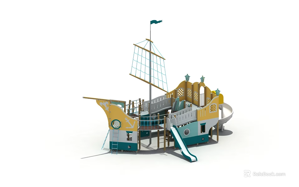 Pirate Ship Themed Children's Playground With Slide Climbing Structure And Sail 3d model 