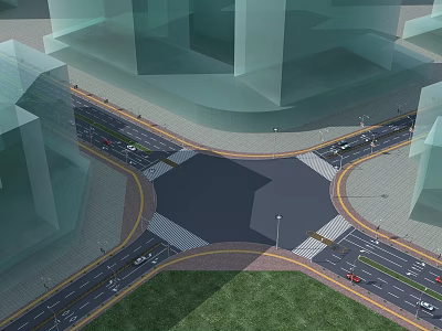 Urban Road Facilities At Intersection With Traffic Lanes Tall Buildings And Green Grass Areas 3d model