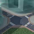 Urban Road Facilities At Intersection With Traffic Lanes Tall Buildings And Green Grass Areas