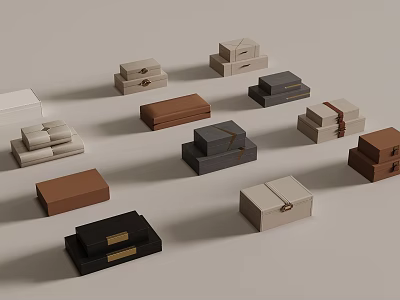 Various Colored Decorative Boxes Featuring Ribbons And Different Designs 3d model