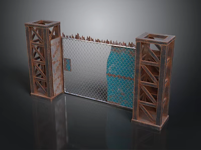 Rusted Metal Pillars With Barbed Wire Fence And Blue Panel Entrance Gate Structure 3d model