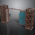 Rusted Metal Pillars With Barbed Wire Fence And Blue Panel Entrance Gate Structure