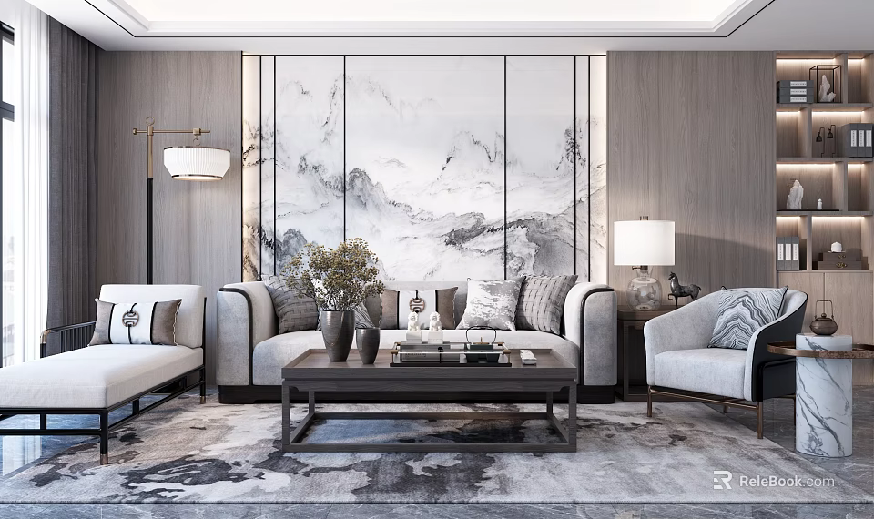 Modern Sofa and Coffee Table Set With Marble Landscape Backdrop Throw Pillows and Area Rug 3d model