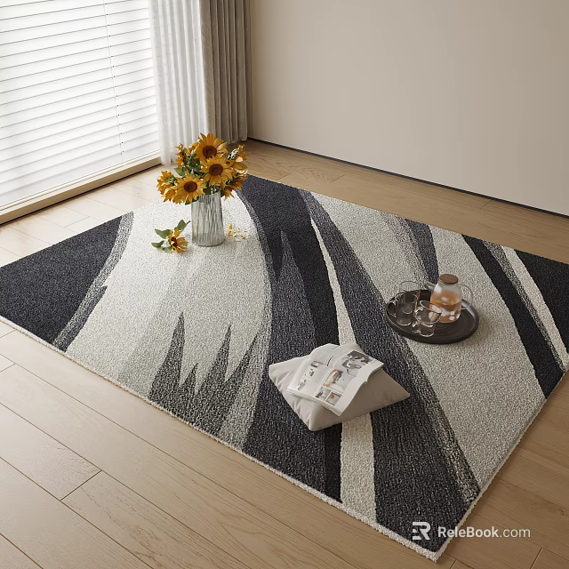 Modern Square Rug with Black White Gray Geometric Pattern and Sunflower Vase on Wooden Floor 3d model 