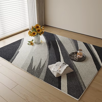 Modern Square Rug with Black White Gray Geometric Pattern and Sunflower Vase on Wooden Floor 3d model