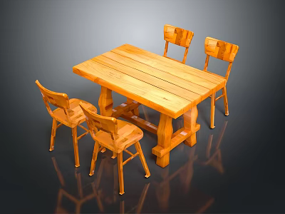 Rustic Wooden Dining Table And Chairs Set With Simple Design For Home Interior 3d model