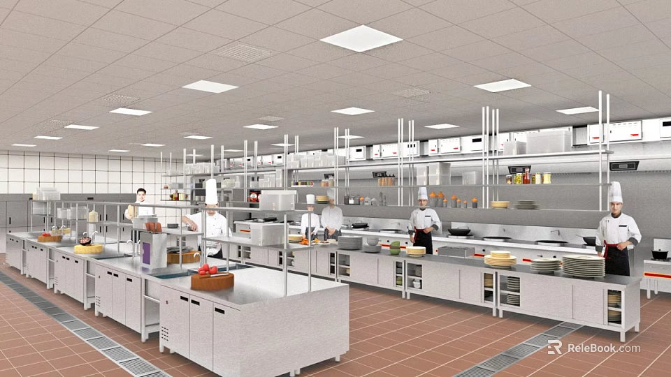 Commercial Restaurant Kitchen With Chefs Working Stainless Steel Appliances Storage Cabinets And Bright Lighting 3d model 