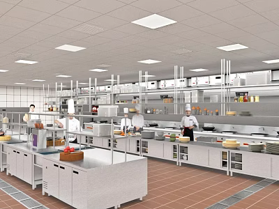 Commercial Restaurant Kitchen With Chefs Working Stainless Steel Appliances Storage Cabinets And Bright Lighting 3d model