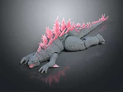 Gray Godzilla Creature Model With Pink Dorsal Fins And Textured Skin On Black Background 3d model