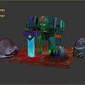 Blue And Red Robot Engaging With Glowing Blue Creature On Brick Platform Surrounded By Rocks 3d model