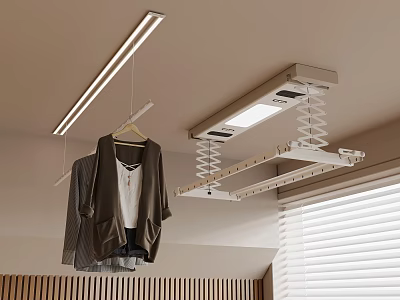 Indoor Ceiling Mounted Drying Rack With Hanging Clothes Ceiling Light And Window Blinds 3d model