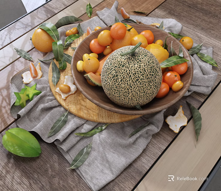 Fresh Mixed Fruits in Wooden Bowl with Melon Tomatoes Starfruit and Leaves on Table 3d model 