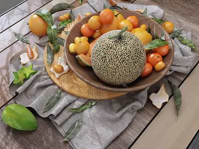 Fresh Mixed Fruits in Wooden Bowl with Melon Tomatoes Starfruit and Leaves on Table 3d model