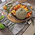 Fresh Mixed Fruits in Wooden Bowl with Melon Tomatoes Starfruit and Leaves on Table