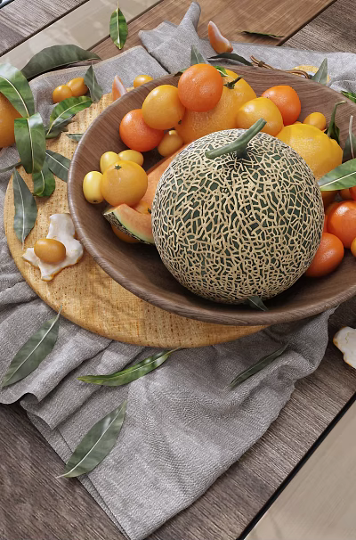 Fresh Mixed Fruits in Wooden Bowl with Melon Tomatoes Starfruit and Leaves on Table 3d model