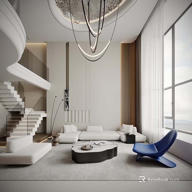 Modern Duplex Living Room Interior With White Sofa Staircase Hanging Lights And Large Windows 3d model 