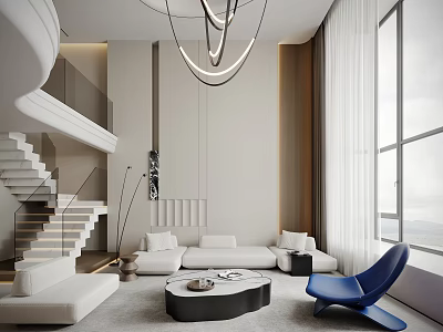 Modern Duplex Living Room Interior With White Sofa Staircase Hanging Lights And Large Windows 3d model