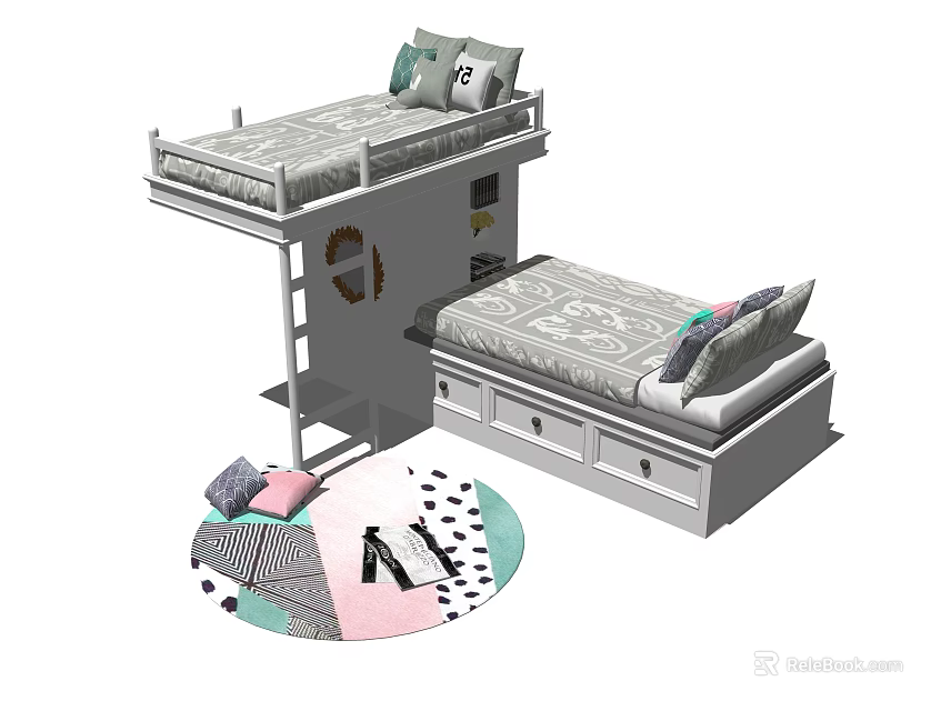 Modern Bunk Bed Design With Mattress Pillows Drawers And Colorful Rug 3d model 