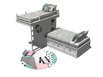 Modern Bunk Bed Design With Mattress Pillows Drawers And Colorful Rug 3d model