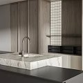 Modern Kitchen Interior With Wooden Cabinets Marble Countertop Sink And Oven