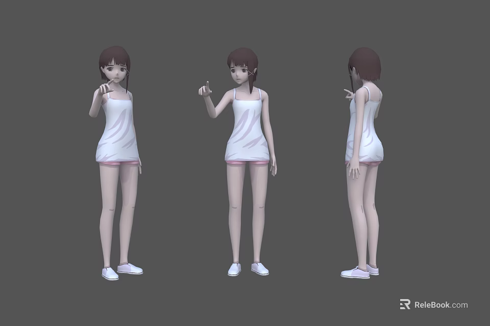 Woman 3D Model in Three Different Angles Wearing White Tank Top Pink Shorts White Shoes 3d model 