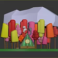 Colorful 3D Cartoon Scene With Mini House Ice Cream Pops And White Umbrella