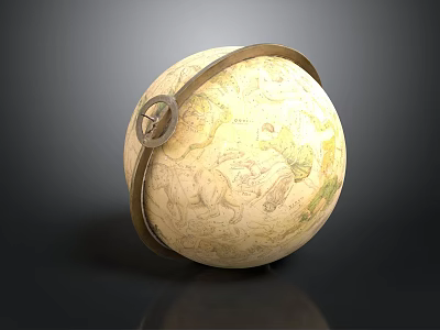 Vintage Globe With Hand-drawn World Map And Metal Ring Stand 3d model