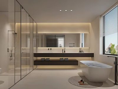 Modern Bathroom Interior Featuring Glass Shower Enclosure Double Sink Vanity Large Mirror And Freestanding Bathtub 3d model
