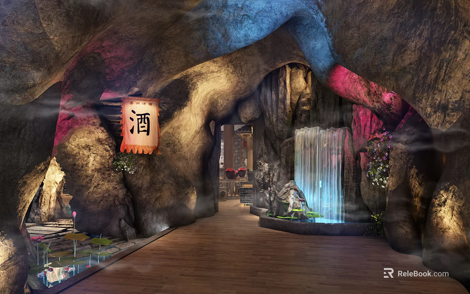 Cave Themed Storefront Reception With Waterfall Wine Banner And Wooden Floor 3d model 