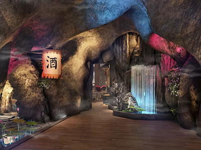 Cave Themed Storefront Reception With Waterfall Wine Banner And Wooden Floor 3d model