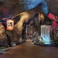 Cave Themed Storefront Reception With Waterfall Wine Banner And Wooden Floor