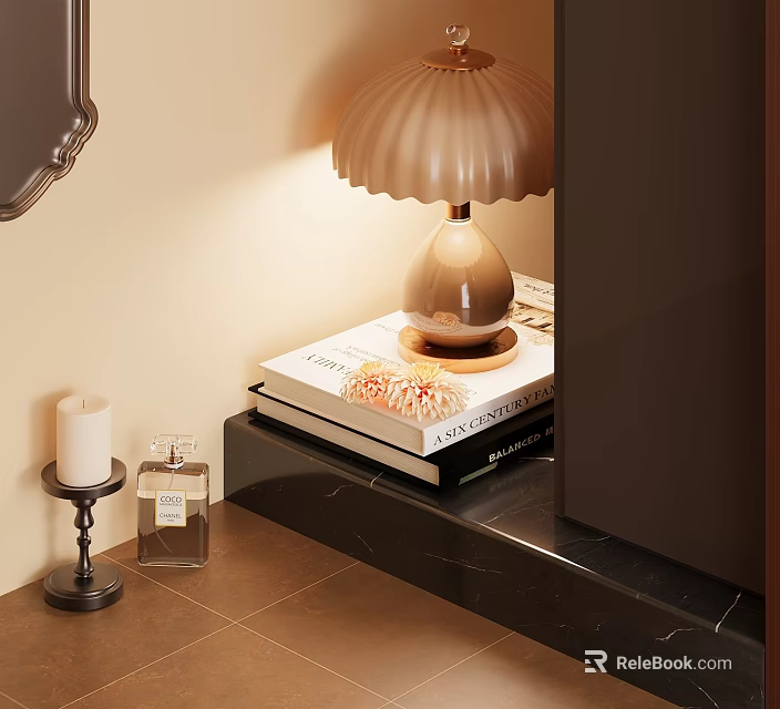 Beige Pleated Shade Table Lamp With Wooden Base On Books By Candle And Perfume Bottle 3d model 