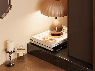 Beige Pleated Shade Table Lamp With Wooden Base On Books By Candle And Perfume Bottle 3d model